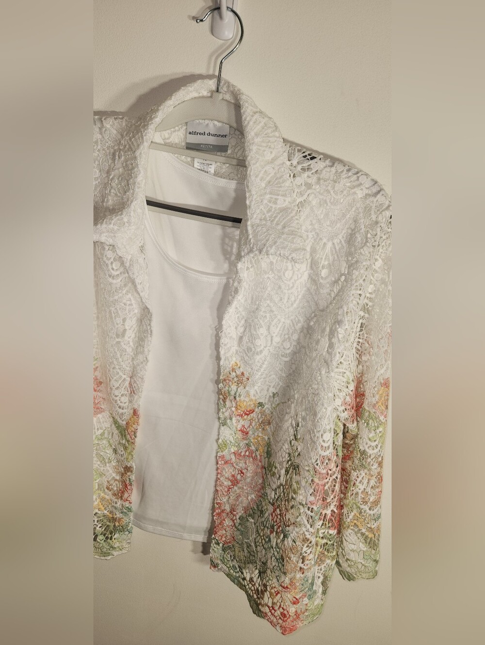 🩵🩷💚🤍Alfred Dunner White Crochet Lace Open Front Cardigan W/TankTop. Size PL - Picture 9 of 12